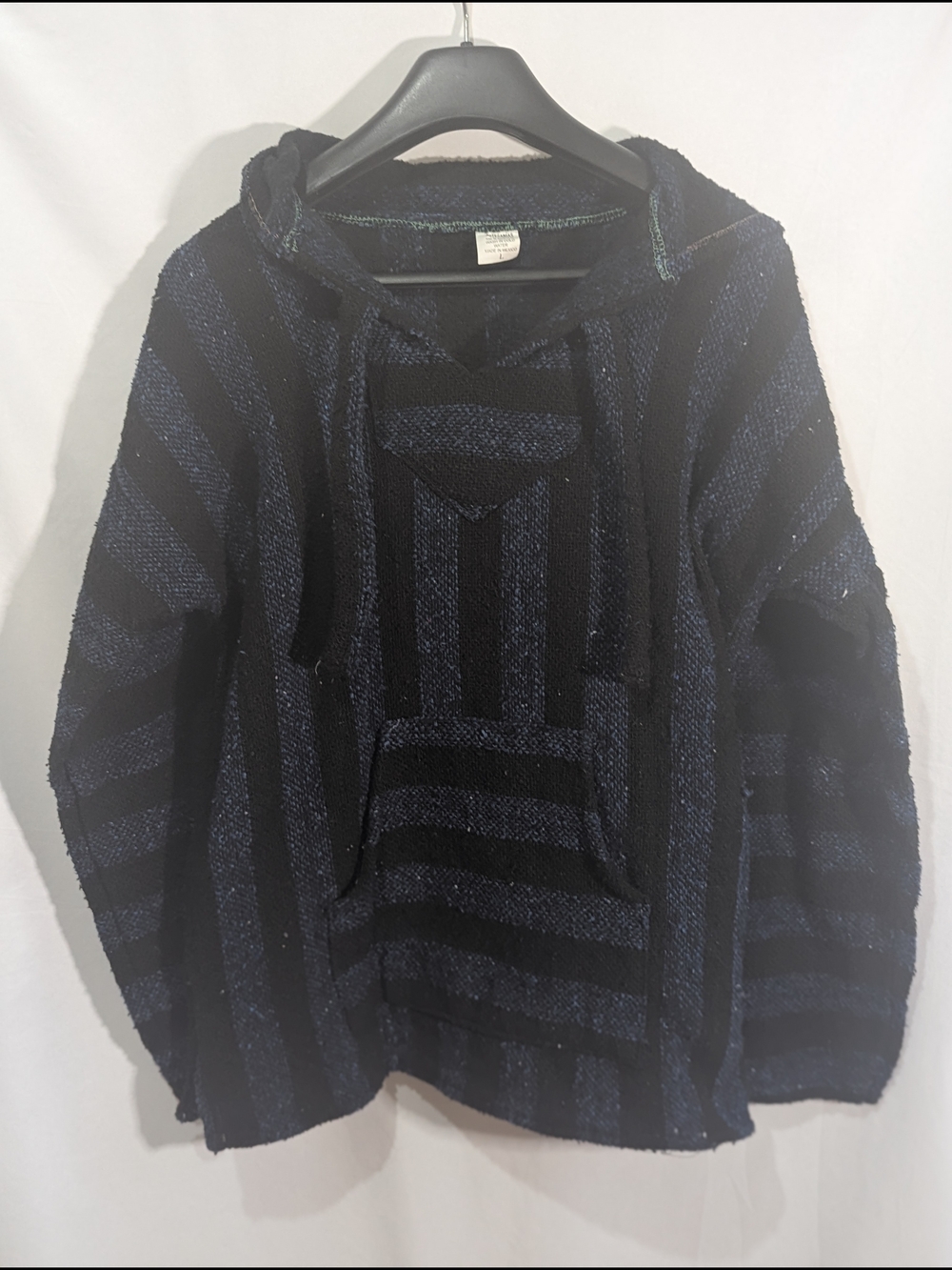 Artesanias Baja Hoodie Large Black Navy Mexican Drug Rug Pullover Boho
